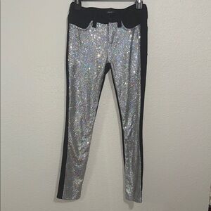 Bebe Silver Glitter Pants with Black Trim
